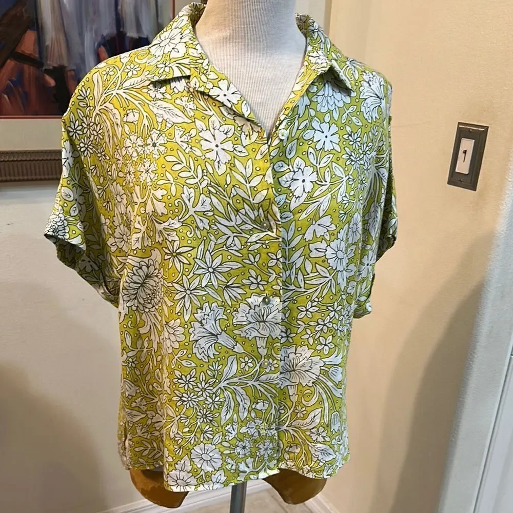 Rachel Ashwell Lime/ Yellow Floral 100% LINEN Boxy Button Down Shirt MEDIUM